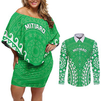 Custom Cook Islands Mitiaro Couples Matching Off Shoulder Short Dress and Long Sleeve Button Shirt Polynesian Tribal Tattoo