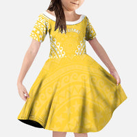 Custom Cook Islands Aitutaki Family Matching Long Sleeve Bodycon Dress and Hawaiian Shirt Polynesian Tribal Tattoo LT05 Daughter's Dress Yellow - Polynesian Pride