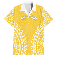 Custom Cook Islands Aitutaki Family Matching Off Shoulder Short Dress and Hawaiian Shirt Polynesian Tribal Tattoo LT05 Dad's Shirt - Short Sleeve Yellow - Polynesian Pride