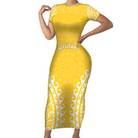 Custom Cook Islands Aitutaki Short Sleeve Bodycon Dress Polynesian Tribal Tattoo LT05 Long Dress Yellow - Polynesian Pride