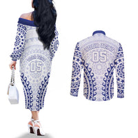 Custom Cook Islands Palmerston Couples Matching Off The Shoulder Long Sleeve Dress and Long Sleeve Button Shirt Polynesian Tribal Tattoo