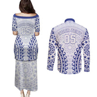 Custom Cook Islands Palmerston Couples Matching Puletasi and Long Sleeve Button Shirt Polynesian Tribal Tattoo