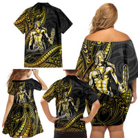 Filipinos Lapu Lapu Hero Family Matching Off Shoulder Short Dress and Hawaiian Shirt Gold Polynesian Tribal Tattoo