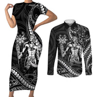 Filipinos Lapu Lapu Hero Couples Matching Short Sleeve Bodycon Dress and Long Sleeve Button Shirt Black Polynesian Tribal Tattoo