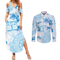 Happy Fiji Girmit Day Couples Matching Summer Maxi Dress and Long Sleeve Button Shirt Fijian Tapa With Mandala Pattern