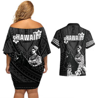 Hawaii King Kamehameha Day Parade Couples Matching Off Shoulder Short Dress and Hawaiian Shirt With Pa'u Riders Plumeria Kakau Tribal Pattern