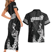 Hawaii King Kamehameha Day Parade Couples Matching Short Sleeve Bodycon Dress and Hawaiian Shirt With Pa'u Riders Plumeria Kakau Tribal Pattern
