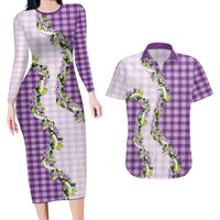 Violet Hawaii Palaka Couples Matching Long Sleeve Bodycon Dress and Hawaiian Shirt Maile Pikake Honohono Orchid Lei