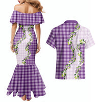 Violet Hawaii Palaka Couples Matching Mermaid Dress and Hawaiian Shirt Maile Pikake Honohono Orchid Lei