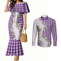Violet Hawaii Palaka Couples Matching Mermaid Dress and Long Sleeve Button Shirt Maile Pikake Honohono Orchid Lei LT05 Violet - Polynesian Pride