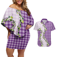 Violet Hawaii Palaka Couples Matching Off Shoulder Short Dress and Hawaiian Shirt Maile Pikake Honohono Orchid Lei
