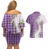 Violet Hawaii Palaka Couples Matching Off Shoulder Short Dress and Hawaiian Shirt Maile Pikake Honohono Orchid Lei