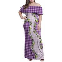 Violet Hawaii Palaka Family Matching Off Shoulder Maxi Dress and Hawaiian Shirt Maile Pikake Honohono Orchid Lei