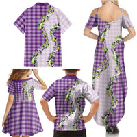 Violet Hawaii Palaka Family Matching Summer Maxi Dress and Hawaiian Shirt Maile Pikake Honohono Orchid Lei