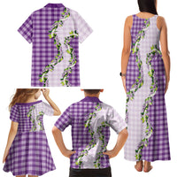 Violet Hawaii Palaka Family Matching Tank Maxi Dress and Hawaiian Shirt Maile Pikake Honohono Orchid Lei