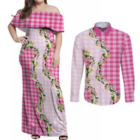 Pink Hawaii Palaka Couples Matching Off Shoulder Maxi Dress and Long Sleeve Button Shirt Maile Pikake Honohono Orchid Lei