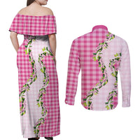 Pink Hawaii Palaka Couples Matching Off Shoulder Maxi Dress and Long Sleeve Button Shirt Maile Pikake Honohono Orchid Lei