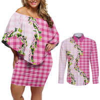 Pink Hawaii Palaka Couples Matching Off Shoulder Short Dress and Long Sleeve Button Shirt Maile Pikake Honohono Orchid Lei