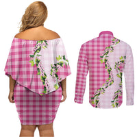 Pink Hawaii Palaka Couples Matching Off Shoulder Short Dress and Long Sleeve Button Shirt Maile Pikake Honohono Orchid Lei