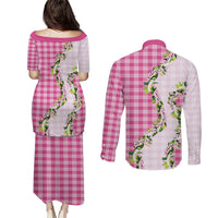 Pink Hawaii Palaka Couples Matching Puletasi and Long Sleeve Button Shirt Maile Pikake Honohono Orchid Lei