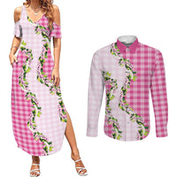 Pink Hawaii Palaka Couples Matching Summer Maxi Dress and Long Sleeve Button Shirt Maile Pikake Honohono Orchid Lei