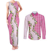 Pink Hawaii Palaka Couples Matching Tank Maxi Dress and Long Sleeve Button Shirt Maile Pikake Honohono Orchid Lei