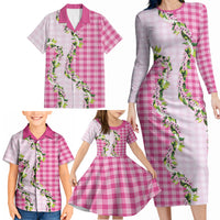 Pink Hawaii Palaka Family Matching Long Sleeve Bodycon Dress and Hawaiian Shirt Maile Pikake Honohono Orchid Lei LT05 - Polynesian Pride