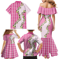 Pink Hawaii Palaka Family Matching Mermaid Dress and Hawaiian Shirt Maile Pikake Honohono Orchid Lei