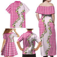 Pink Hawaii Palaka Family Matching Off Shoulder Maxi Dress and Hawaiian Shirt Maile Pikake Honohono Orchid Lei