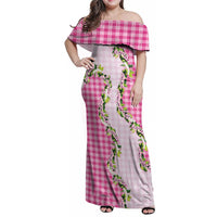 Pink Hawaii Palaka Family Matching Off Shoulder Maxi Dress and Hawaiian Shirt Maile Pikake Honohono Orchid Lei