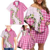 Pink Hawaii Palaka Family Matching Off Shoulder Short Dress and Hawaiian Shirt Maile Pikake Honohono Orchid Lei
