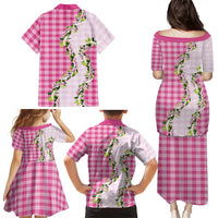 Pink Hawaii Palaka Family Matching Puletasi and Hawaiian Shirt Maile Pikake Honohono Orchid Lei