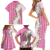 Pink Hawaii Palaka Family Matching Short Sleeve Bodycon Dress and Hawaiian Shirt Maile Pikake Honohono Orchid Lei