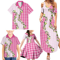 Pink Hawaii Palaka Family Matching Summer Maxi Dress and Hawaiian Shirt Maile Pikake Honohono Orchid Lei