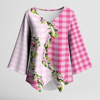 Pink Hawaii Palaka Kimono Sleeve Blouse Maile Pikake Honohono Orchid Lei