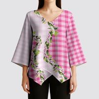 Pink Hawaii Palaka Kimono Sleeve Blouse Maile Pikake Honohono Orchid Lei