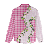 Pink Hawaii Palaka Women Casual Shirt Maile Pikake Honohono Orchid Lei