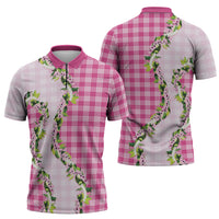 Pink Hawaii Palaka Zipper Polo Shirt Maile Pikake Honohono Orchid Lei