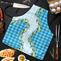 Blue Hawaii Palaka Apron Maile Pikake Honohono Orchid Lei