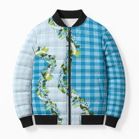 Blue Hawaii Palaka Bomber Puffer Jacket Maile Pikake Honohono Orchid Lei