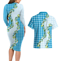 Blue Hawaii Palaka Couples Matching Long Sleeve Bodycon Dress and Hawaiian Shirt Maile Pikake Honohono Orchid Lei