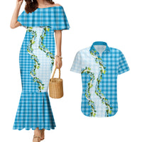 Blue Hawaii Palaka Couples Matching Mermaid Dress and Hawaiian Shirt Maile Pikake Honohono Orchid Lei