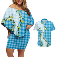 Blue Hawaii Palaka Couples Matching Off Shoulder Short Dress and Hawaiian Shirt Maile Pikake Honohono Orchid Lei