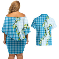 Blue Hawaii Palaka Couples Matching Off Shoulder Short Dress and Hawaiian Shirt Maile Pikake Honohono Orchid Lei