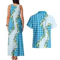 Blue Hawaii Palaka Couples Matching Tank Maxi Dress and Hawaiian Shirt Maile Pikake Honohono Orchid Lei
