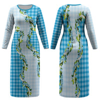 Blue Hawaii Palaka Family Matching Long Sleeve Bodycon Dress and Hawaiian Shirt Maile Pikake Honohono Orchid Lei LT05 Mom's Dress Blue - Polynesian Pride
