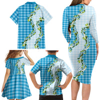 Blue Hawaii Palaka Family Matching Long Sleeve Bodycon Dress and Hawaiian Shirt Maile Pikake Honohono Orchid Lei