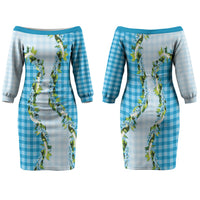Blue Hawaii Palaka Family Matching Off The Shoulder Long Sleeve Dress and Hawaiian Shirt Maile Pikake Honohono Orchid Lei LT05 Mom's Dress Blue - Polynesian Pride
