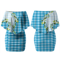 Blue Hawaii Palaka Family Matching Off Shoulder Short Dress and Hawaiian Shirt Maile Pikake Honohono Orchid Lei LT05 Mom's Dress Blue - Polynesian Pride