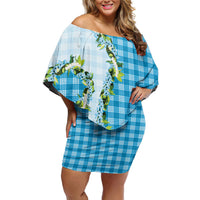 Blue Hawaii Palaka Family Matching Off Shoulder Short Dress and Hawaiian Shirt Maile Pikake Honohono Orchid Lei